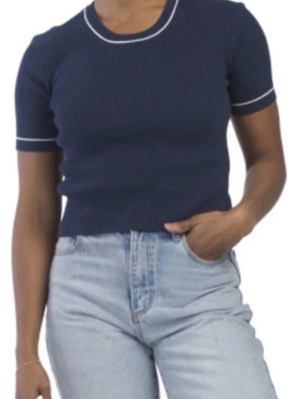 ATM, Small, Navy Short-Sleeves cashmere Knit blend Sweater with White Trim
